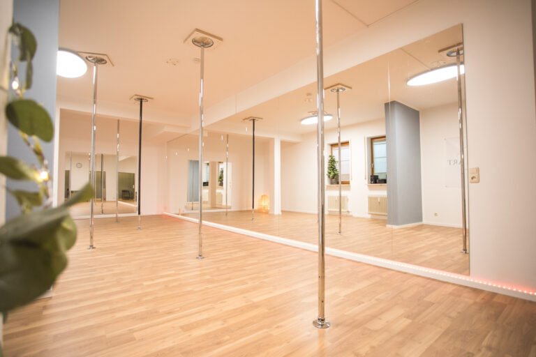 Pole Dance Studio mit Spiegelwand und Stangen